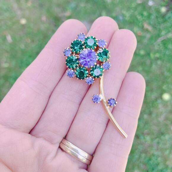 VTG Mid Century Brooch Floral Green Blue Rhinestone Gold Tone EUC - Picture 4 of 12